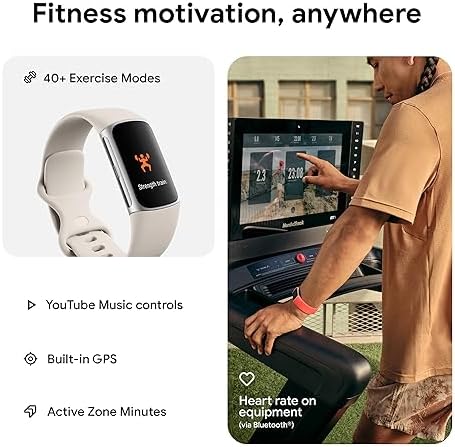 Fitbit Charge 6 Fitness Tracker with Google apps, Heart Rate on Exercise Equipment, 6-Months Premium Membership Included, GPS, Health Tools and More, Porcelain/Silver, One Size (S & L Bands Included)