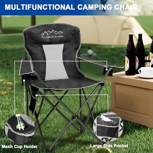Collapsible Folding Camping Chairs Heavy Duty Lawn Foldable Chair with Cooler Bag, Storage Pocket, Waterproof Bag Outdoor Arm Sport Chair, Supports 325LBS, Black