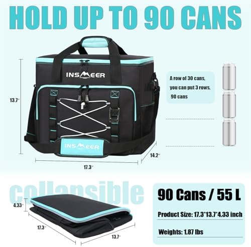 INSMEER Insulated Cooler Bag 90Cans/55L Large Cooler Bag Soft Sided Cooler with Shoulder Strap, Collapsible Coolers, Portable Leakproof Lunch Cooler for Camping/Beach/Food Delivery/Picnic