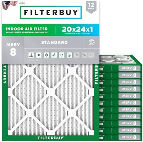 Filterbuy 20x24x1 Air Filter MERV 8 Dust Defense (12-Pack), Pleated HVAC AC Furnace Air Filters Replacement (Actual Size: 19.38 x 23.38 x 0.75 Inches)