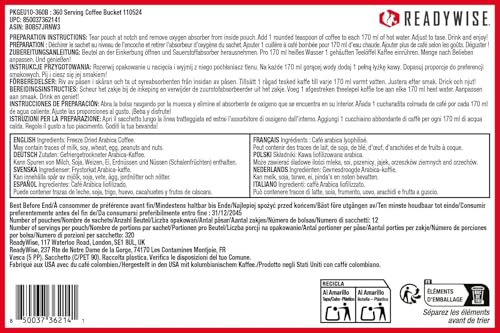 READYWISE - Freeze-dried Coffee Bucket, 360 Servings, Emergency, Meal & Drink Supply, Freeze Dried Survival Drink for Hiking, Adventure and Camping Essentials, Resealable Pouches