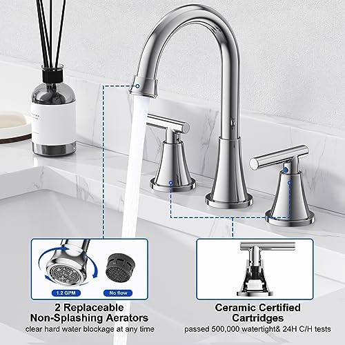 Bathroom Faucets for Sink 3 Hole, Hurran Chrome Bathroom Sink Faucet with Pop-up Drain and Supply Lines, Stainless Steel Lead-Free Widespread Faucet for Vanity RV Farmhouse Sink