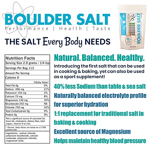 Boulder Salt - Low Sodium Salt - Unflavored Salt for Cramps, High Blood Pressure and POTS - Good on Food or in Water. 113 Servings.