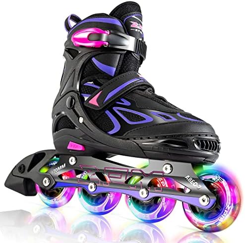 2PM SPORTS Vinal Girls Adjustable Flashing Inline Skates, All Wheels Light Up, Fun Illuminating Skates for Kids Men Adult Women and Boys