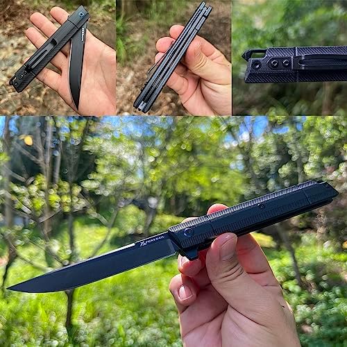 Flipper Pocket Folding Knife,DC53 Steel Blade and G10 Handle. With pocket clip and glass breaker,men's pocket knife hiking trip EDC tool Knife (Black PVD Blade-D)