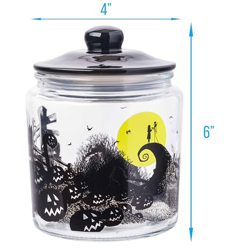 Silver Buffalo Disney Tim Burton Nightmare Before Christmas Moon Hill Graveyard Scene Jack Skellington and Sally Glass Cookie Snack Candy Jar with Lid (Small)