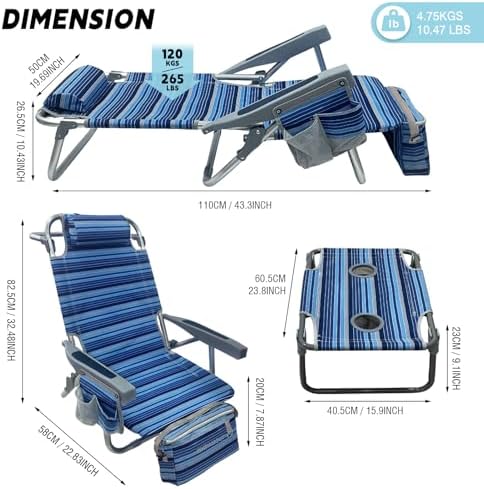 Backpack Beach Chair Aluminum 2 Pack with Folding Camping Table 5-Position Lay Flat Lounge Chair Outdoor for Adults with Insulated Cooler Bag and Cup Holder