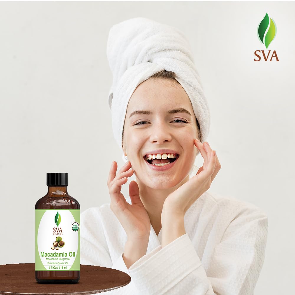 SVA Macadamia Seed Oil Organic - 4 Fl Oz – 100% Natural Cold Pressed Organic Macadamia Oil - for Face, Skin Care, Hair Care, Scalp Massage & Body Massage – Carrier Oil with Dropper