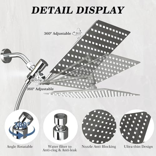Shower Head, Rain Shower Head with Handheld Spray Combo, 10 Inch Adjustable High Pressure Rainfall Shower Head, Dual Showerhead Set with Extension Arm and 60 Inch Long Shower Hose (Silver)