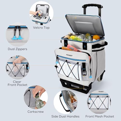 TOURIT 75 Can Rolling Cooler Detachable Double Deck Beach Cooler with Wheels Collapsible for Outdoor, Camping, Picnic, Travel