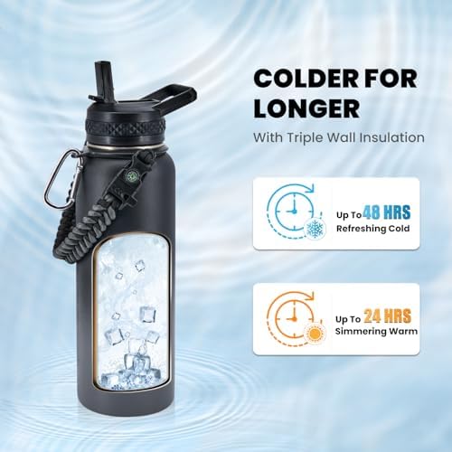 Insulated Water Bottle 40 oz, Triple Wall Vacuum Stainless Steel (Cold for 48 Hrs), Leak Proof & Non-BPA, Modern Water Flask Jug with Paracord Handle & Straw Spout Lids, Dark Grey