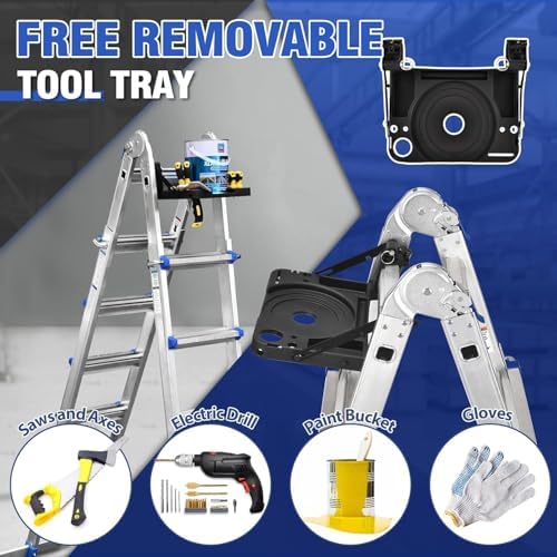 HBTower A Frame 5 Step Extension Ladder, 19 Ft Multi Position Ladder with Removable Tool Tray and Stabilizer Bar, 330 lbs Capacity Telescoping La dder for Household and Outdoor Work (Blue, 19FT)