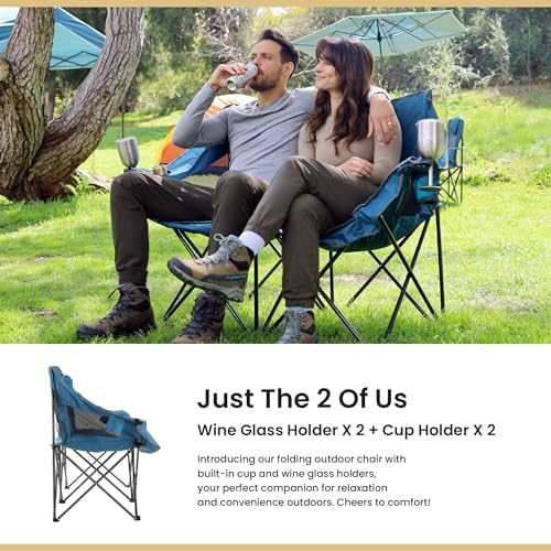 ARROWHEAD OUTDOOR Portable Folding Double Duo Camping Chair Loveseat w/ 2 Cup & Wine Glass Holder, Heavy-Duty Carrying Bag, Padded Seats & Armrests, Supports up to 650lbs, USA-Based Support
