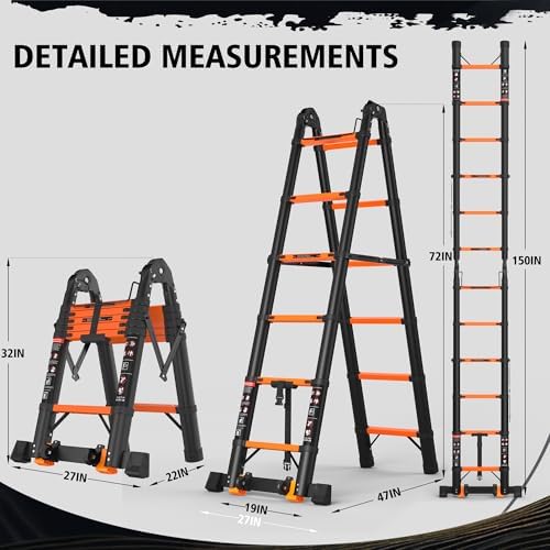 12.5FT Telescoping Ladder A Frame, Portable Extension Folding Ladder, Multi-Purpose Compact Telescopic Ladder for Household or Outdoor Work, 330lbs Max Capacity