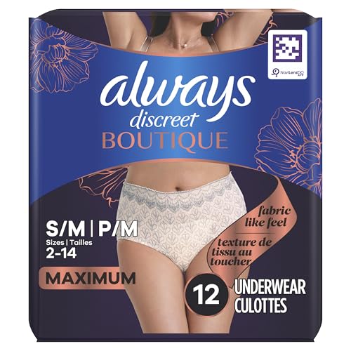 Always Discreet Boutique Incontinence and Postpartum Underwear for Women, Maximum Protection, Small/Medium, Rosy, 48 Count (4 Packs of 12)