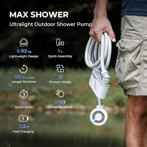 FLEXTAILGEAR MAX Shower Portable Shower for Camping, Rechargeable Outdoor Camping Shower, Portable Shower Pump with USB-C,Shower Pump for Hiking, Car wash, Pet Cleaning, Beach Vacations