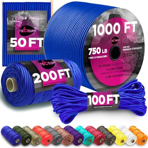 TECEUM 5/32" Paracord Rope 1000 – 1000ft / 200ft / 100ft / 50ft – Tactical Parachute Cord 4mm – 45+ Colors – Nylon String for Survival & Camping Gear – Stripe Cord for Survival – Utility Rope