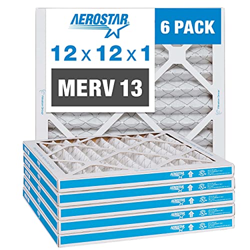 Aerostar 12x12x1 MERV 13 - 6 Count - Pleated HVAC, Furnace & Air Conditioner Filters - Removes Bacteria, Dust, Cold & Flu Germs, Lint, Mold, Pet Dander, Allergy-Causing Pollen, Smog, Smoke & Viruses