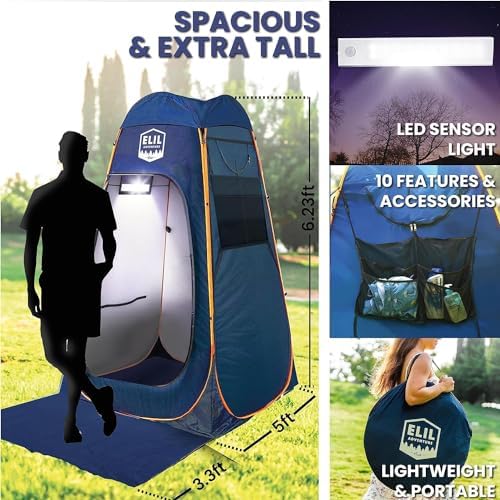 Camping Shower Tent With LED Sensor Light 6.23 ft - Large Easy Pop Up Privacy Tent for Beach Changing - Outdoor Portable Enclosure for Camping