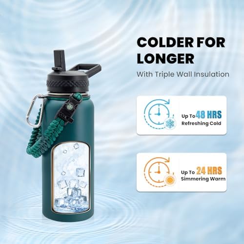 Insulated Water Bottle 32 oz, Triple Wall Vacuum Stainless Steel (Cold for 48 Hrs), Leak Proof & Non-BPA, Modern Water Flask Jug with Paracord Handle & Straw Spout Lids, Dark Green