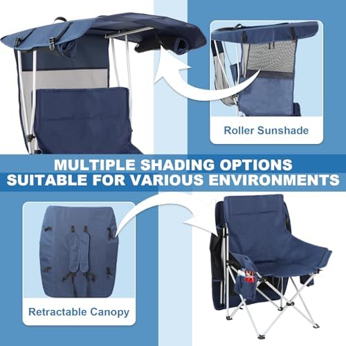 Folding Camping Chairs Canopy Outdoor: Sports Portable Beach Chair with Canopy-Lawn Beach Chairs with Umbrella for Adults-Camping Chair with Shade for Fishing Camp Heavy Duty (Regular, Navy Blue)