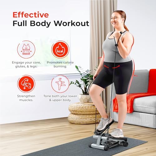 Sunny Health & Fitness Mini Stepper for Exercise at Home, Stair Step Workout Machine with Resistance Band, Fullbody Cardio, Upgraded Over 300lb Weight Capacity, Optional Free SunnyFit App Connection