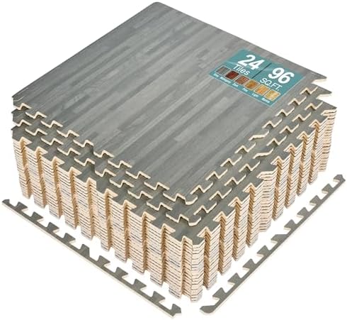 Sorbus 48Sq. Ft. Wood Grain Floor Tiles Foam Mat EVA Interlocking Mats Tile 3/8-Inch Thick Flooring Wood Puzzle Exercise Mats w/Borders - Home Playroom Basement, Apartment, Trade Show, Baby, Dance