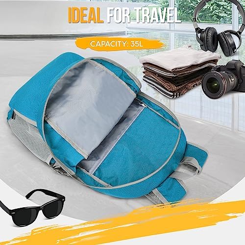 ZOMAKE Lightweight Packable Backpack 35L, Light Foldable Backpacks Water Resistant Collapsible Hiking Bag, Compact Folding Day Pack for Travel Camping(Light Blue)