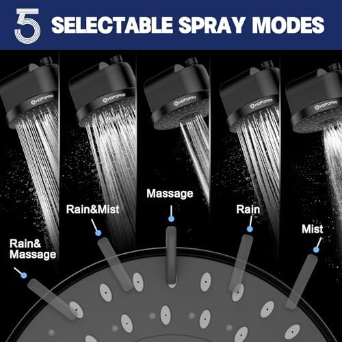 High Flow Filtered Shower Head, HOPOPRO 5 Modes High Pressure Fixed Showerhead with Filter, 2-In-1 Shower Head Filter for Hard Water, Remove 99% Chlorine, Improves Skin Hair Condition (6 Inch Black)