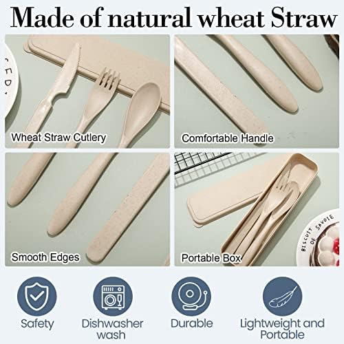 Yahenda 28 Sets Reusable Travel Utensils Set with Case Wheat Straw Cutlery Portable Spoon Knife Fork Tableware Lunch Box Accessories Bulk for Adults Travel Picnic Camping Utensils Gifts (Multicolor)