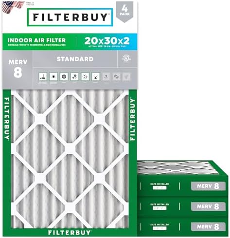 Filterbuy 20x30x2 Air Filter MERV 8 Dust Defense (4-Pack), Pleated HVAC AC Furnace Air Filters Replacement (Actual Size: 19.75 x 29.75 x 1.75 Inches)