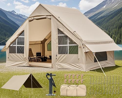 Inflatable Camping Tent, 2/4/6/8 Person Glamping Inflatable Tents for Camping, 2025 Update Zipper Door Easy Setup Blow Up Tents Big House with Rainfly&Mosquito Screen, 4 Season
