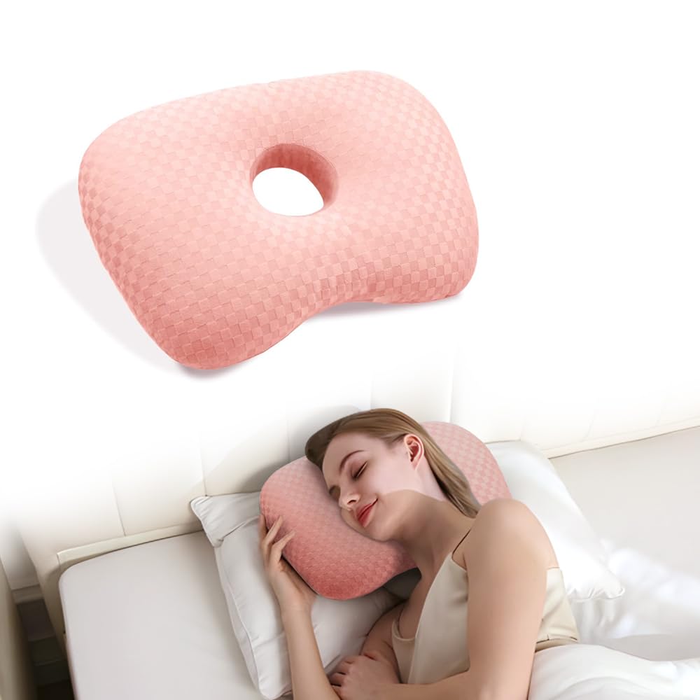 Ear Piercing Hole Pillows Side Sleeper Pillow with an Ear Hole for CNH Side Sleepers and Ear Inflammation Pressure Sores, Adjustable Cotton and Polyester Curved Side Pillow, Pink