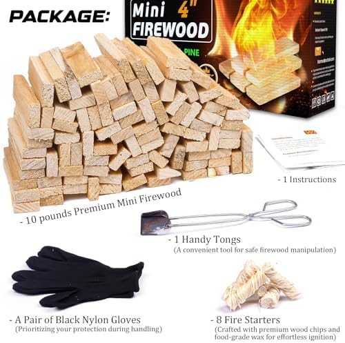 Mini Fire Stick with Fire Starter & Tongs, 4'' Kiln-Dried Pine Great Firewood for Wood Stoves, Tabletop Fire Pit, BBQ Grill, Pizza Oven, Solo Stove Accessories, BBQ Accessories, 10 lb Box