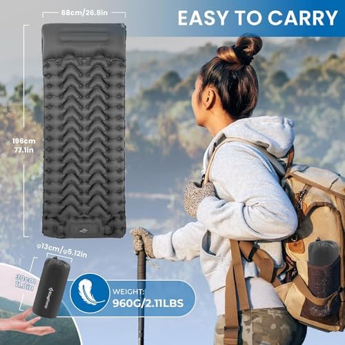 KingCamp Self Inflating Camping Mattress with Built-in Foot Pump, Connectable Durable Inflatable Sleeping Mat with Pillow, Compact Camping Air Mattress for Hiking