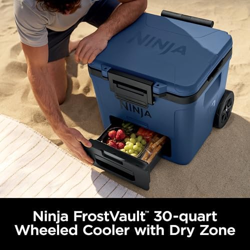 Ninja FrostVault 30qt Wheeled Cooler with Dry Zone, Integrated Fridge-Temp Dry Storage Drawer, Premium Heavy-Duty Insulated Cooler, Keeps Ice for Days, Lakeshore Blue, FB230BL