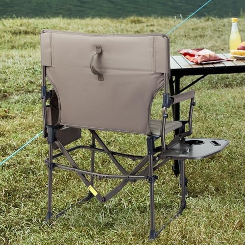 TIMBER RIDGE Heavy Duty Camping Chair with Compact Size, Portable Directors Chair with Side Table and Pocket for Camping, Lawn, Sports and Fishing, Supports Up to 400lbs, Tan