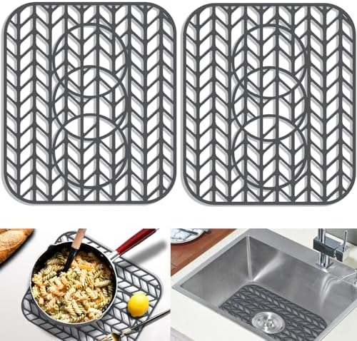 GUUKIN Sink Protectors for Kitchen sink, 13 5/8" x 11 5/8" Folding Non-slip Silicone Sink Mat Grid for Bottom of Farmhouse Stainless Steel Porcelain with 3 Reserved Holes Pack of 2