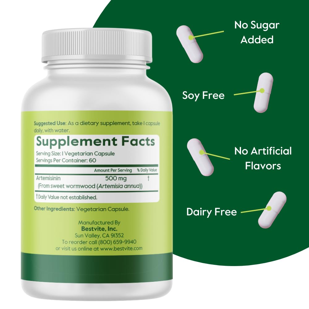 BESTVITE Artemisinin 500mg per Capsule (60 Vegetarian Capsules) - No Stearates - No Flow Agents - No Fillers - Vegan - Gluten Free - Non GMO