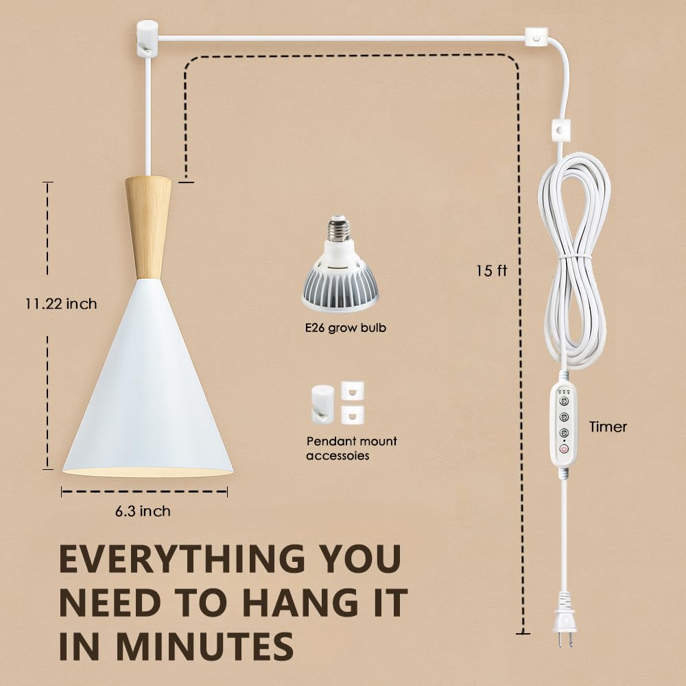 VALIKIY Hanging Grow Lights for Indoor Plants, Full Spectrum, with Timer and 15FT Power Cord, 20W Pendant Plant Lights for Indoor Growing, Large Tall Plant, Garden, Flowers, Greenhouse(White)