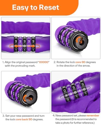 Sportneer Bike Lock: 5 Digit Combination High Security Anti Theft Bike Chain Lock - 3.2/3.6/4ft Heavy Duty Keyless Bicycle Lock for Bike, Motorcycle, Scooter, Door & Gate - 4/6mm Thick, Easy to Use