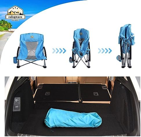 Low Back Camping Chair 2 Pack Support 300 LBS Carry Bag Included,Low Profile Folding Outdoor Chair,Camp Beach Chairs Set,with Phone Bag,Cooler Pocket,Cup Holder for Kids(2 Pcs Blue)