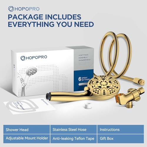 6-Mode High Pressure Handheld Shower Head Set, Consumer Reports Recommended HOPOPRO High Flow Hand Held Showerhead with 59 Inch Hose Bracket Teflon Tape Rubber Washers