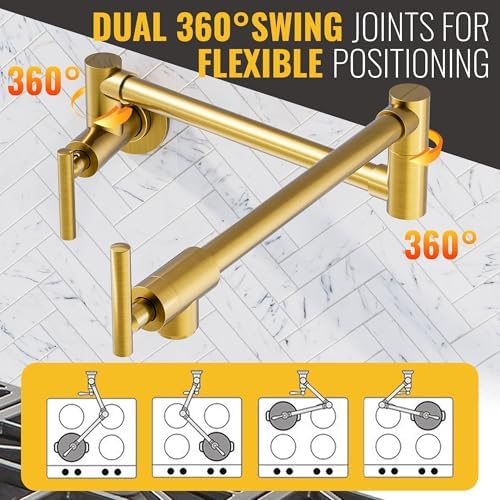WOWOW Pot Filler Faucet Brushed Gold, Solid Brass Pot Filler Wall Mount Kitchen Stove Faucet with Double Joint Swing Arms