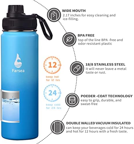 Farsea Insulated Water Bottle With Paracord Handle, Protective Silicone Boot and 2 Lids (Straw Lid & Spout Lid), Stainless Steel Water Bottle Wide Mouth, Double Wall Sweat-Proof BPA-Free, 24 oz