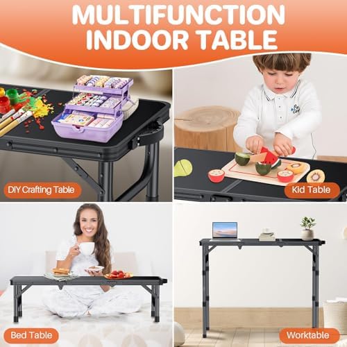 FUNYKICH 3ft Camping Folding Table with 3 Adjustable Height, Portable Picnic Tables, 34.2'' Lx15.7'' W Lightweight Aluminum Outdoor Table with Carry Handle for Camping, Picnic, Backyard, BBQ, Black