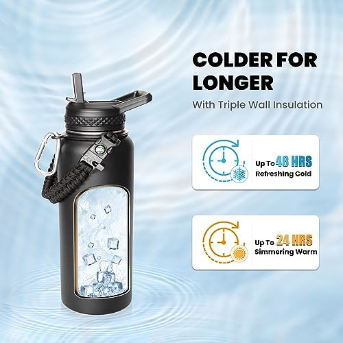 Insulated Water Bottle 32 oz, Triple Wall Vacuum Stainless Steel (Cold for 48 Hrs), Leak Proof & Non-BPA, Modern Water Flask Jug with Paracord Handle & Straw Spout Lids, Magic Black