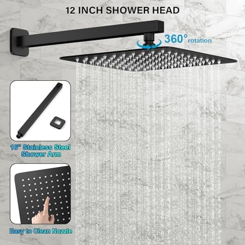 Black Shower Faucet Set, Rainfall Shower System with Square Shower Head and Handle Set, Wall Mounted Shower Fixtures, Full Metal Trim Repair Kit 12 inch Matte Black (With Shower Valve)