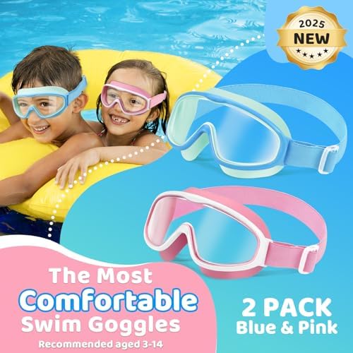 Vvinca Kids Goggles with Comfort Fabric Strap, Kids Swim Goggles Wide View Anti-Fog/UV No Leaking Swimming Goggles for 3-14