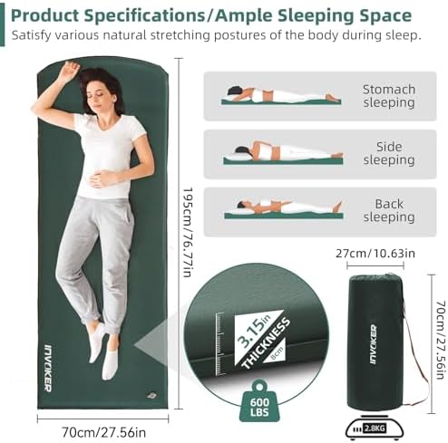INVOKER 3.15" Self Inflating Camping Sleeping Pad, Ultra-Thick Elasticity Foam Fast Inflating 4-Season Insulated Durable Camping Mat Air Mattress with Pillow, for Tent, Car, Camping, Traveling, Green
